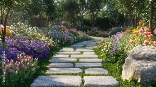 A serene garden pathway lined with colorful flowers and greenery.