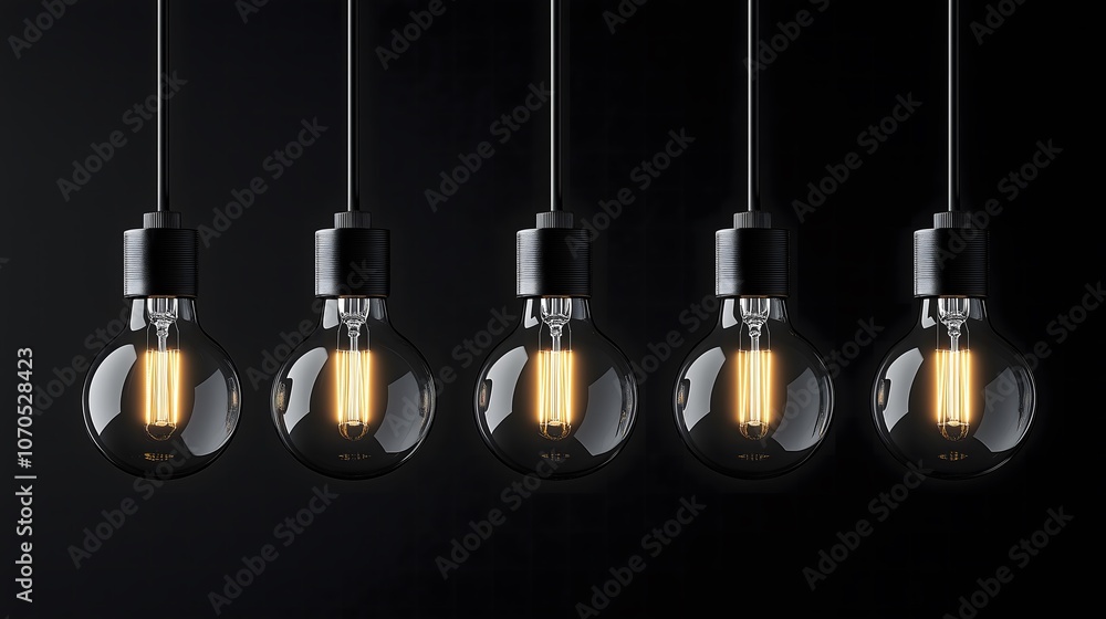 Five lightbulbs on a black background