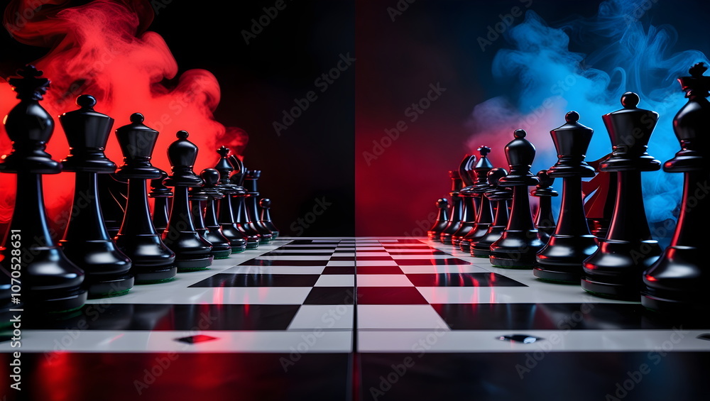 Naklejka premium Dramatic Chess Battle Scene in Red and Blue Smoke Atmosphere