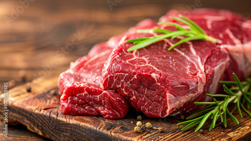 Raw red meat on a wooden board. Fresh meat from grass-fed and free-range animals 