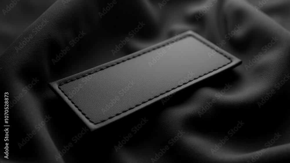 High-quality woven apparel labels in sleek black on textured dark fabric, perfect for branding presentations. High-quality woven apparel labels in sleek black on textured dark fabric, perfect for branding presentations.