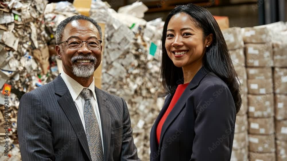 Senior male businessman and an Asian female secretary Smiling for the camera, they are taking pictures in front of a pile of garbage. recycling business idea Senior male businessman and an Asian female secretary Smiling for the camera, they are taking pictures in front of a pile of garbage. recycling business idea