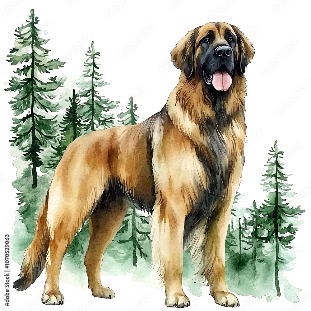Watercolor Painting of a Leonberger Dog in a Forest Setting. Watercolor Painting of a Leonberger Dog in a Forest Setting.