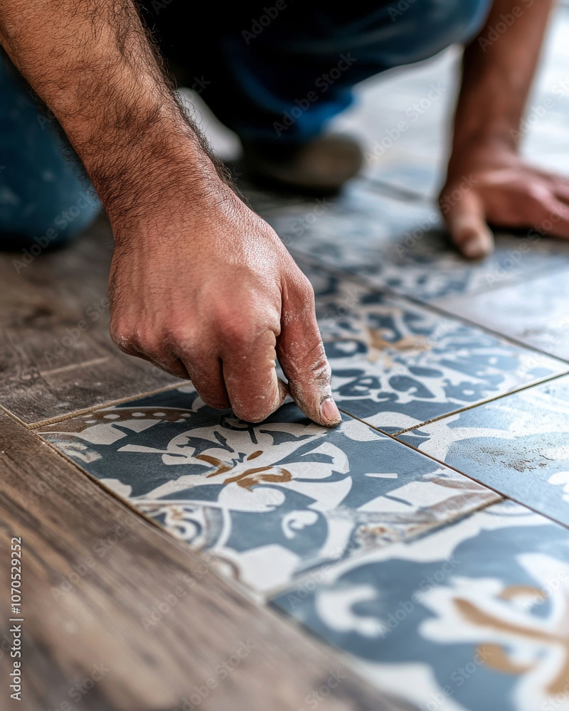 A close-up of a worker replacing broken floor tiles, carefully matching the pattern to the existing design.