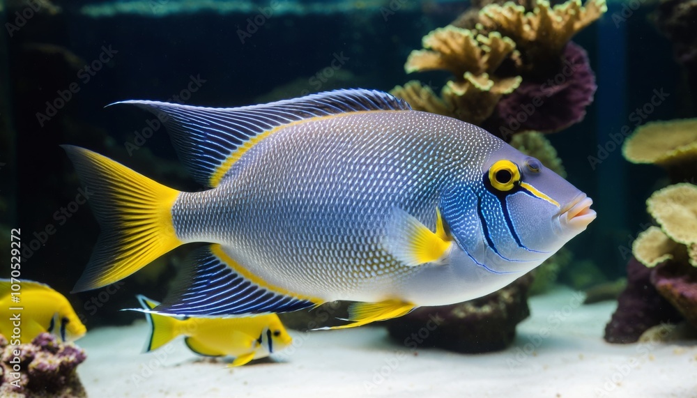 Blue fish with yellow pattern in aquarium of Aquazoo Dusseldorf. Triggerfish, trigger fish. Tropical fish, salt water fish, living in Indo Pacific Sea Blue fish with yellow pattern in aquarium of Aquazoo Dusseldorf. Triggerfish, trigger fish. Tropical fish, salt water fish, living in Indo Pacific Sea