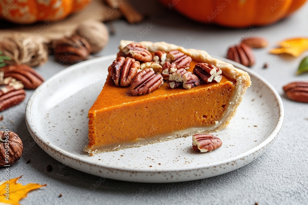Slice of pumpkin pie topped with pecans on a white plate, surrounded by autumn leaves, cinnamon sticks, and festive decor Slice of pumpkin pie topped with pecans on a white plate, surrounded by autumn leaves, cinnamon sticks, and festive decor