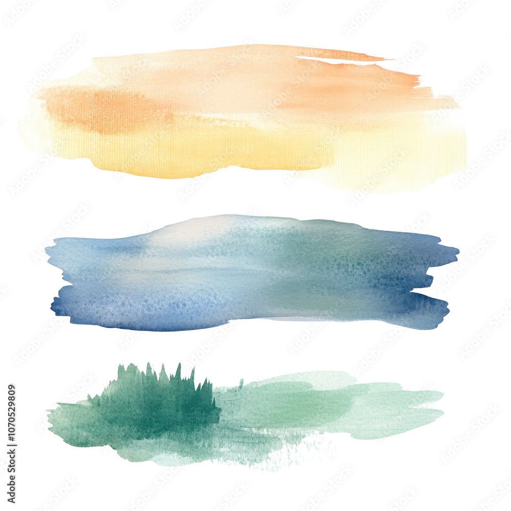 Three brushstroke shapes showcase a gradient of colors: warm tones of orange and yellow, a serene blue, and earthy green hues., isolated on a transparent background. Three brushstroke shapes showcase a gradient of colors: warm tones of orange and yellow, a serene blue, and earthy green hues., isolated on a transparent background.