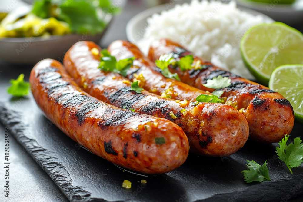 Grilled sausages on a black marble board with slices of limes in natural light. Grilled sausages on a black marble board with slices of limes in natural light.