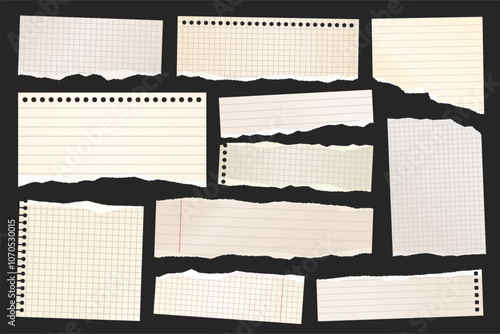 Ripped paper strips. Realistic crumpled paper scraps with torn edges. Shreds of notebook, book or old newspaper pages. Trendy collage elements. Vector illustration