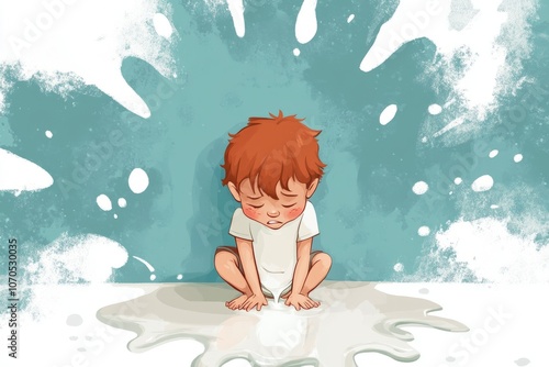 illustration of a child crying in front of a spilled milk , idiom , cry over spilled milk photo