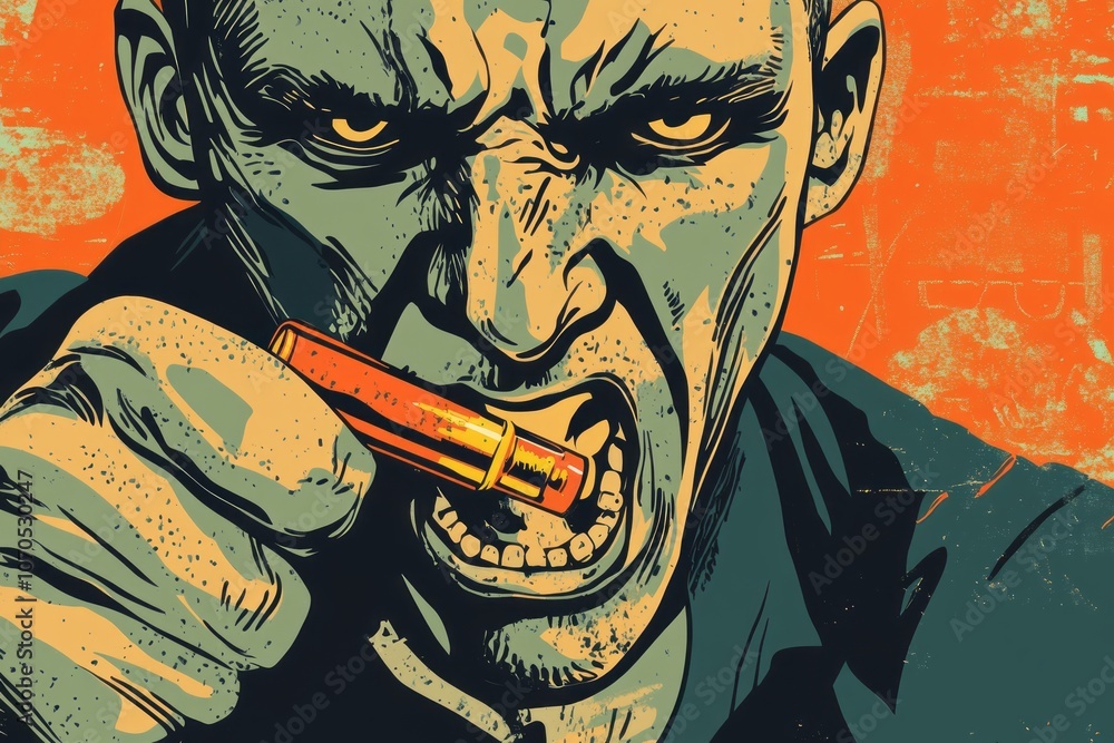 Obraz premium illustration of a man putting a bullet between his teeth, biting the bullet. idiom