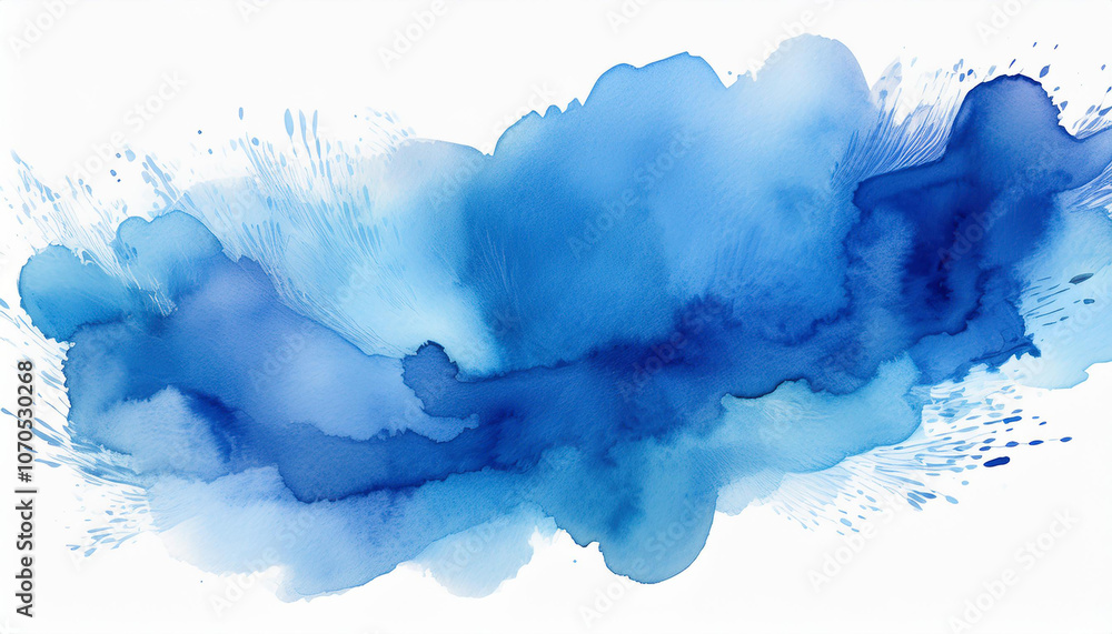 Obraz premium Vibrant blue abstract watercolor blot with soft, blended edges on white background. Hand drawn art