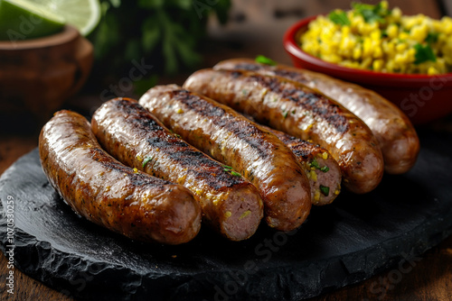 Grilled sausages on a black marble board with slices of limes in natural light. 