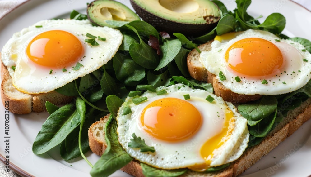 Bread with fried eggs, avocado and greens, close up view Bread with fried eggs, avocado and greens, close up view