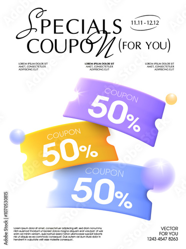 Set of 3d special coupons in different color with coupon code, percent price off, isolated on white background. Discount voucher poster for promotion campaign. 3d vector coupon. Vector illustration