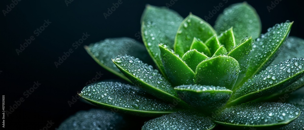 Fototapeta premium Close-up of a succulent plant with water droplets on leaves in a dark background setting
