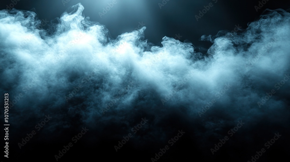 Fototapeta premium Blue smoke illuminated by a spotlight on a black background.