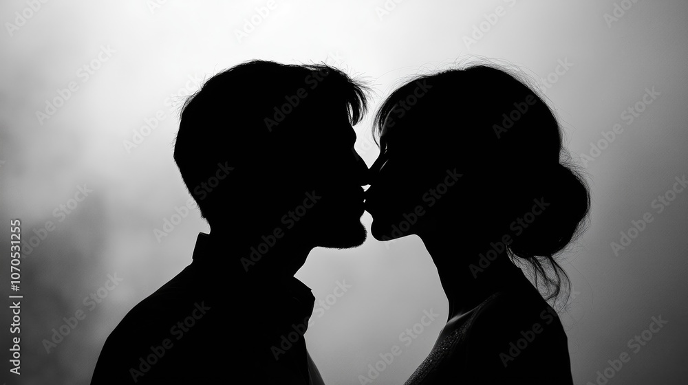 Dark silhouette of a young couple touching lips on a white background. Close-up. Silhouette profile. Dark silhouette of a young couple touching lips on a white background. Close-up. Silhouette profile.