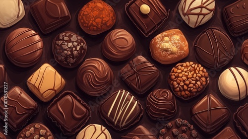 Different delicious chocolates candies on a brown background. Illustration.