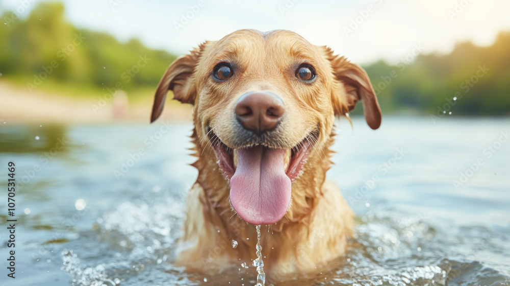 A dog splashing in a lake on a summer day, having fun in the water with its tongue hanging out happily. A dog splashing in a lake on a summer day, having fun in the water with its tongue hanging out happily.