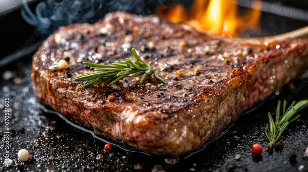 Grilled steak, sizzling, smoke, flames, close-up shot Grilled steak, sizzling, smoke, flames, close-up shot