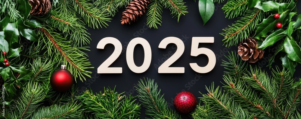 A festive arrangement featuring the year 2025 surrounded by evergreen foliage and holiday decorations. A festive arrangement featuring the year 2025 surrounded by evergreen foliage and holiday decorations.