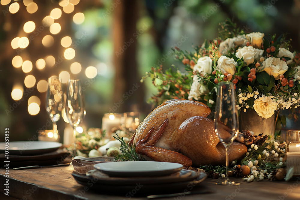 Elegant Thanksgiving dinner table setting with roasted turkey, seasonal decorations, warm ambient lighting, holiday food photography Elegant Thanksgiving dinner table setting with roasted turkey, seasonal decorations, warm ambient lighting, holiday food photography