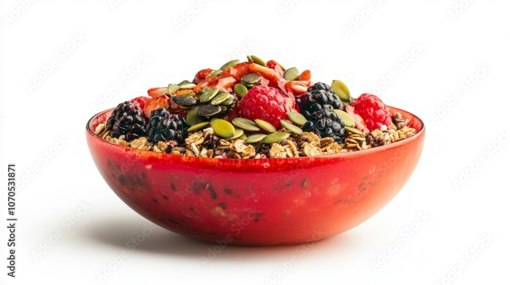 Vibrant smoothie bowl with granola, seeds, berries, against a clean white background, embodying health, wellness, and delicious nourishment choices. Vibrant smoothie bowl with granola, seeds, berries, against a clean white background, embodying health, wellness, and delicious nourishment choices.