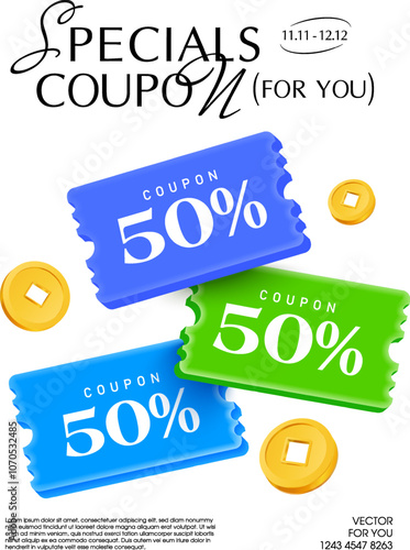 Set of 3d special coupons in blue and green color with coupon code, golden coins, percent price off, isolated on white background. Discount voucher poster for promotion campaign. 3d vector. Vector