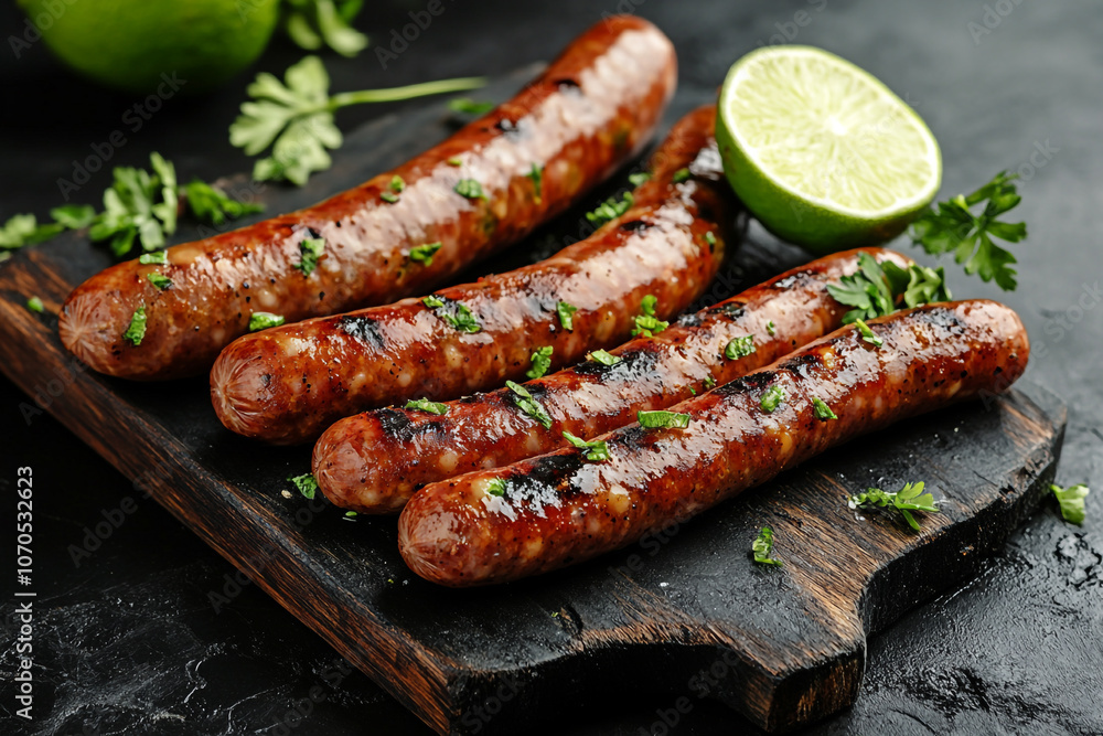 Grilled sausages on a black marble board with slices of limes in natural light. Grilled sausages on a black marble board with slices of limes in natural light.