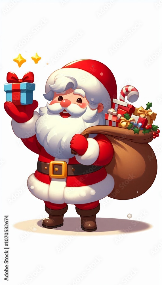 Cheerful Santa Claus Holding Gift Bag and Present Cheerful Santa Claus Holding Gift Bag and Present