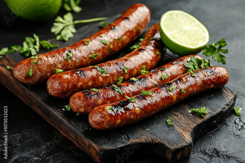 Grilled sausages on a black marble board with slices of limes in natural light. 