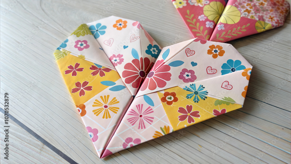 Bright floral-patterned origami heart on rustic wood surface Bright floral-patterned origami heart on rustic wood surface