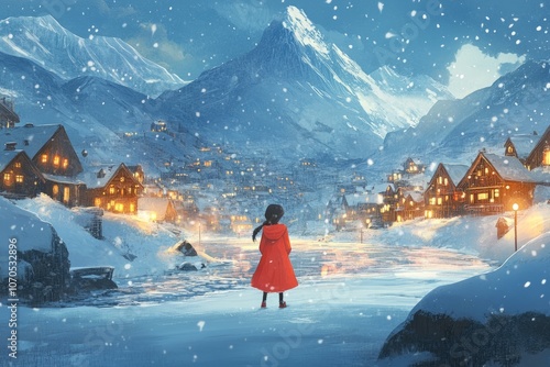 a snow-covered village beneath mountains, a young girl stands at the edge of a frozen river