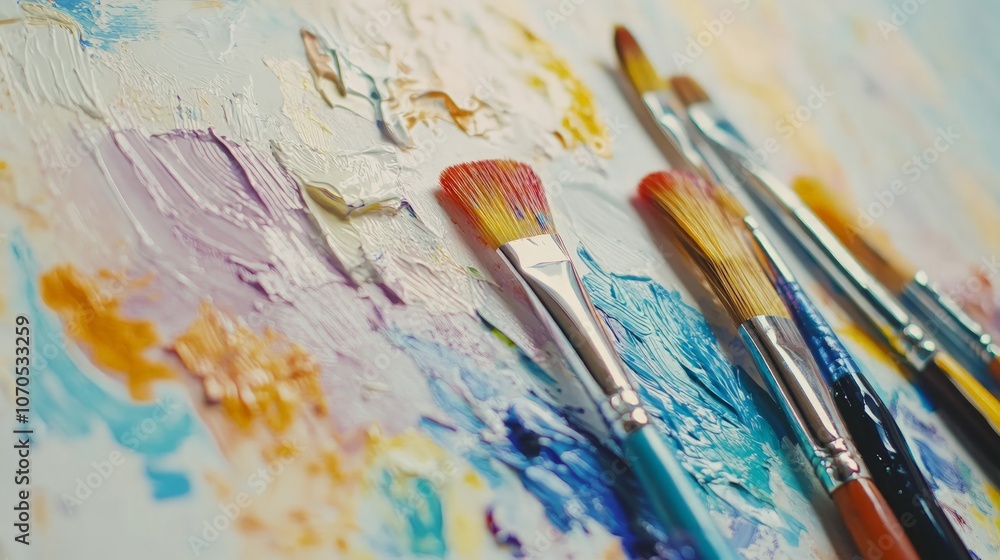 Vibrant Paints and Brushes on Palette, a display of artistic tools in vivid colors, perfectly organized to inspire creativity and expression on a pristine white background Vibrant Paints and Brushes on Palette, a display of artistic tools in vivid colors, perfectly organized to inspire creativity and expression on a pristine white background