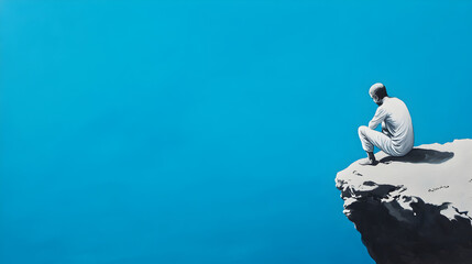 Acrylglasbilder Blau A figure sitting on a rock, gazing out at an abstract sea, symbolizing introspection.     © Zape