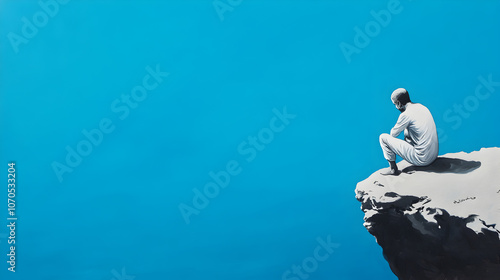 A figure sitting on a rock, gazing out at an abstract sea, symbolizing introspection.


