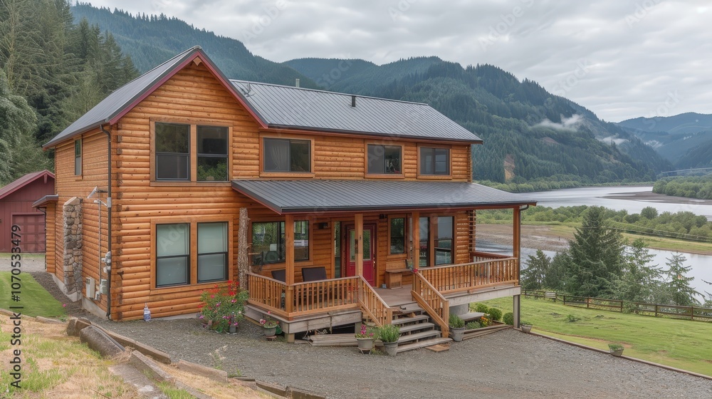 A picturesque log cabin surrounded by lush greenery, set against mountainous terrain, offering a serene view by the river. A picturesque log cabin surrounded by lush greenery, set against mountainous terrain, offering a serene view by the river.