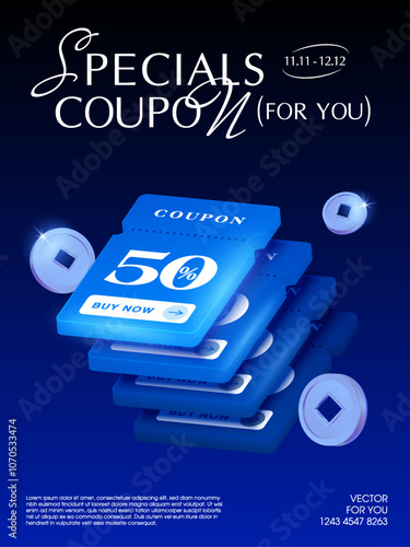 3d stack of coupons with flying coins, isolated on dark blue background. Special coupon code, gift vouchers giveaway for sale off promotional event. Cashback coupon vector. Vector illustration