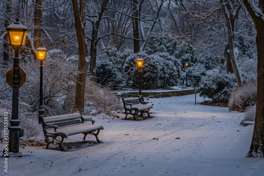 Snowfall in City Park at Twilight. AI generative Snowfall in City Park at Twilight. AI generative