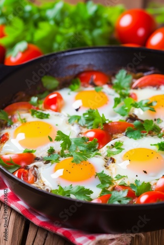 Delicious Breakfast Skillet Sunny-Side-Up Eggs with Juicy Tomatoes and Fresh Herbs, Close-Up