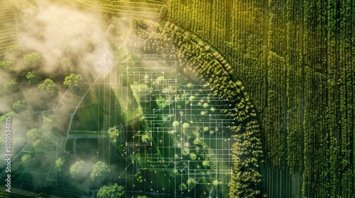 An aerial view of an automated agriculture system blending technology and nature in a thriving crop field during early morning light