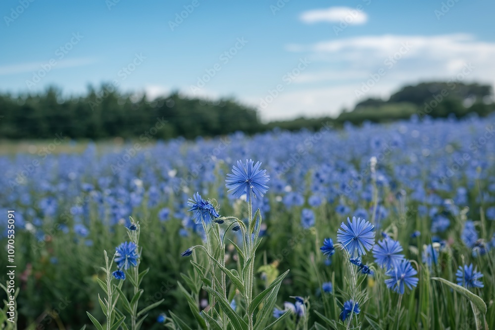 A field of vibrant blue cornflowers with green foliage in the background A field of vibrant blue cornflowers with green foliage in the background