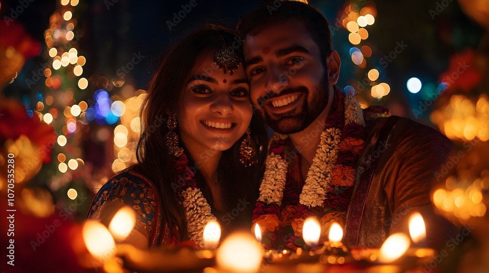 Indian Couple Celebrates Diwali with Lights Indian Couple Celebrates Diwali with Lights