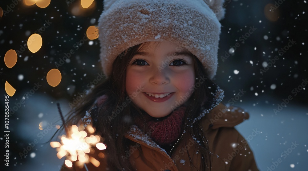 Happy Girl Holding Sparkler In Snowy Winter Night Happy Girl Holding Sparkler In Snowy Winter Night