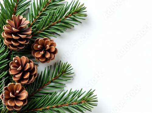 Pine cones and green pine branches arranged together, isolated on a white background.