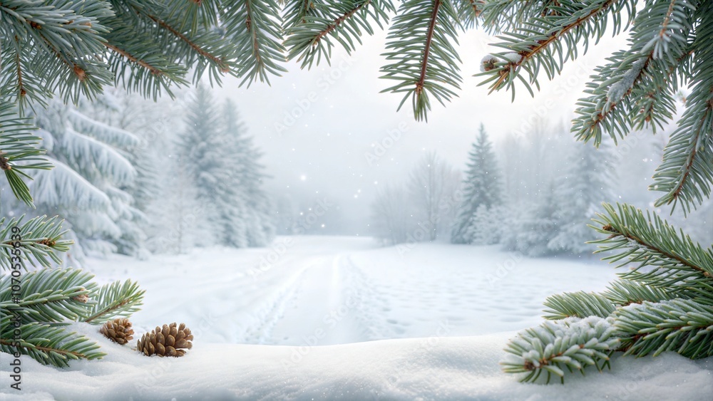 A Snow-Covered Christmas Landscape Framed by Pine Needles A Snow-Covered Christmas Landscape Framed by Pine Needles