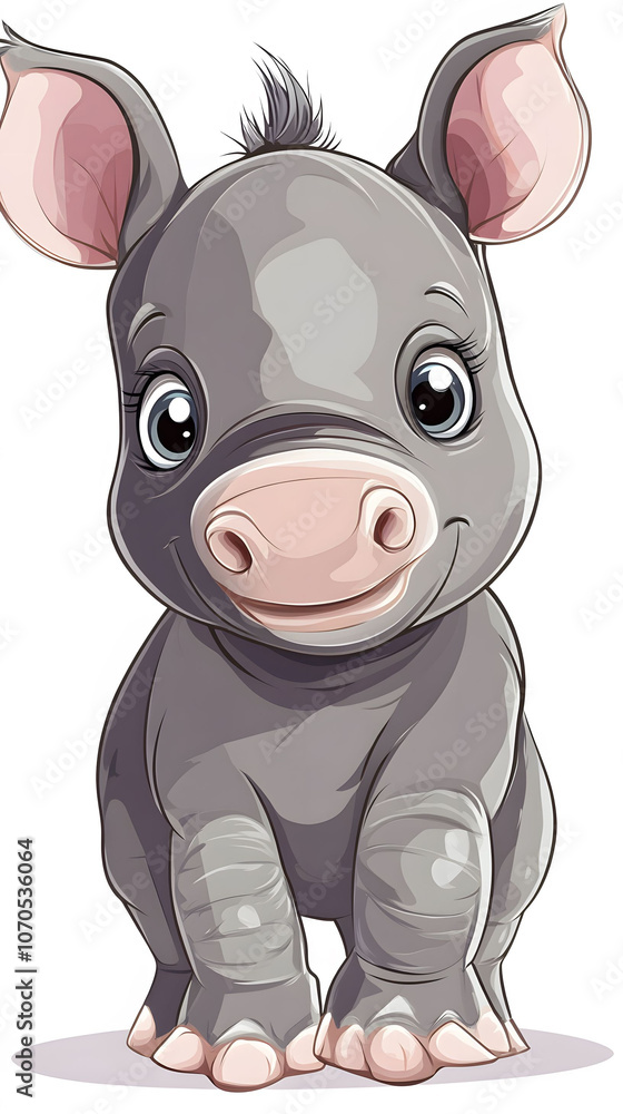 Cartoon illustration of a cute rhino character in a playful, wildlife-themed setting with other animals Cartoon illustration of a cute rhino character in a playful, wildlife-themed setting with other animals