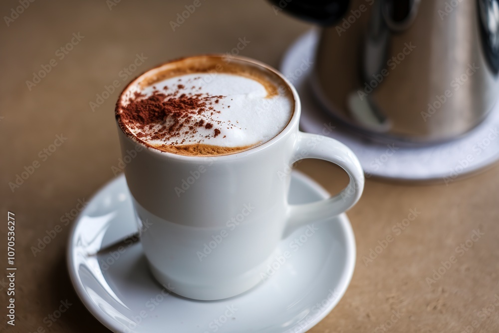 A white ceramic cup filled with a frothy beverage latte placed on a saucer A white ceramic cup filled with a frothy beverage latte placed on a saucer