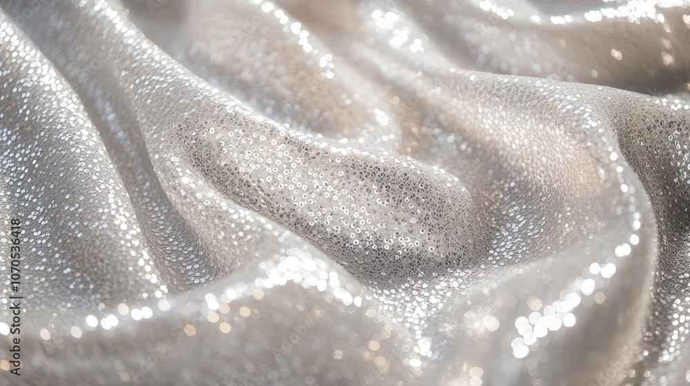 Close-up of sequined fabric in silver, with reflective sequins creating a sparkling effect Close-up of sequined fabric in silver, with reflective sequins creating a sparkling effect